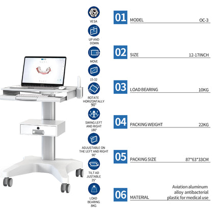 Hospital Medical Trolley Mobile Laptop Pallet Cart with Oral Scanner Holder Height Adjustable Workstation for Dental Clinic Hospital Beauty