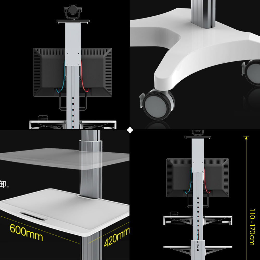 Height Adjustable Mobile Workstation Cart with Camera Holder Monitor Mount Keyboard Tray Host Bracket Silent Wheels,Medical Trolley for Office Portable Laboratory Hospital Dental Clinic