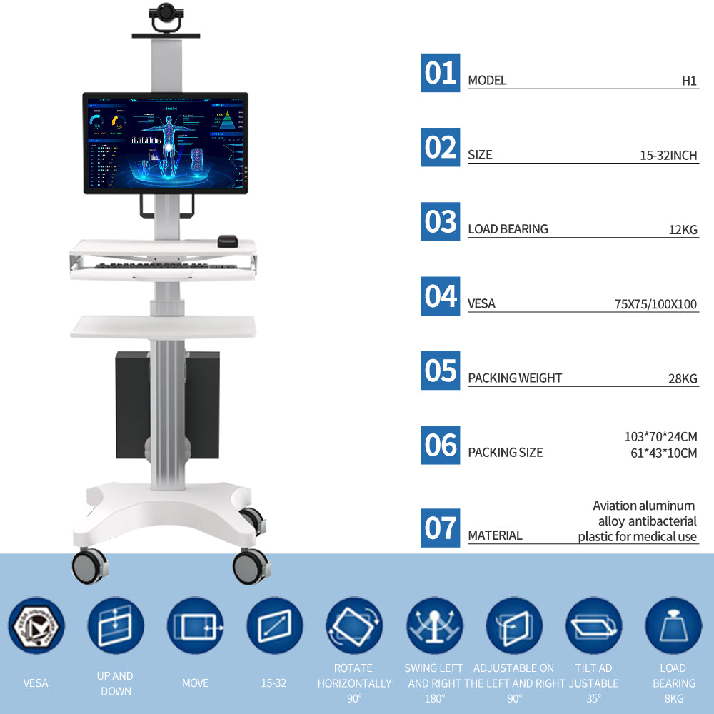Height Adjustable Mobile Workstation Cart with Camera Holder Monitor Mount Keyboard Tray Host Bracket Silent Wheels,Medical Trolley for Office Portable Laboratory Hospital Dental Clinic