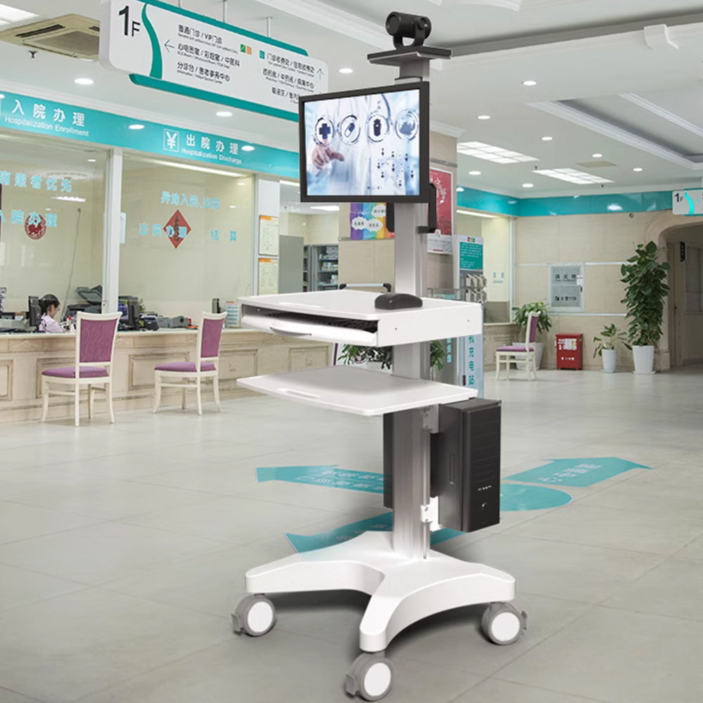 Height Adjustable Mobile Workstation Cart with Camera Holder Monitor Mount Keyboard Tray Host Bracket Silent Wheels,Medical Trolley for Office Portable Laboratory Hospital Dental Clinic