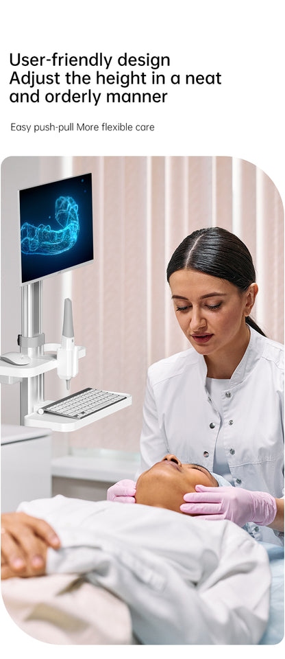 Medical Mobile Trolley Cart with Oral scanning Bracket Monitor Mount, Hospital Dental Clinic Height Adjustable Workstation, White