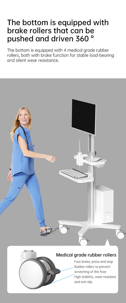 Medical Mobile Trolley Cart with Oral scanning Bracket Monitor Mount, Hospital Dental Clinic Height Adjustable Workstation, White